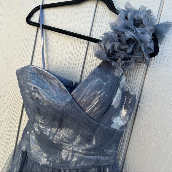 BCBGMAXAZRIA One Shoulder Silk Mini Dress Ruffled Detail Metallic Finish Small - Picture 4 of 12